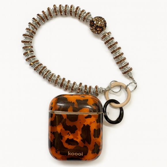 Tortoiseshell AirPods Case With Rhinestone Bracelet Strap - Picture 1 of 12